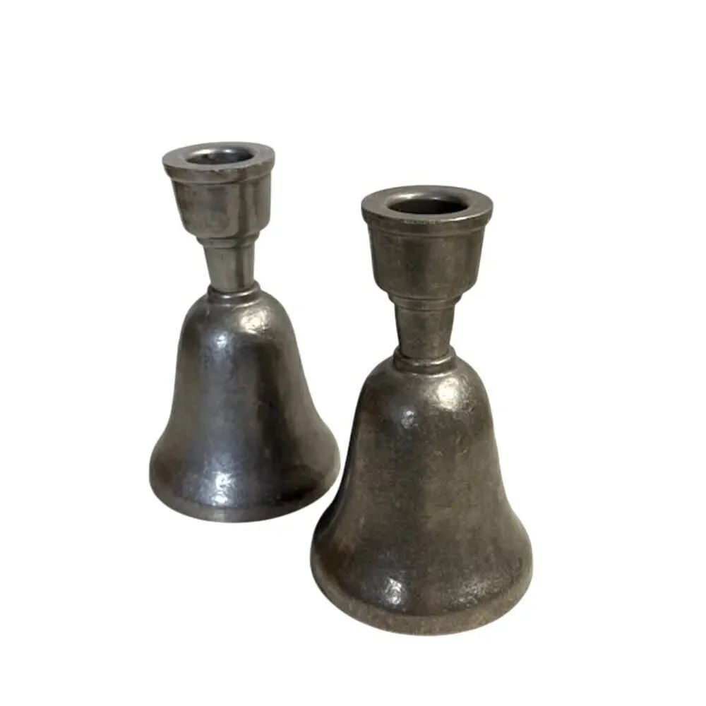 2 Vintage Pewter Colonial Style Dinner Bell/ Candlestick Holder
